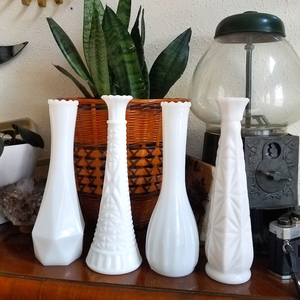 Set of 4 milk glass vases